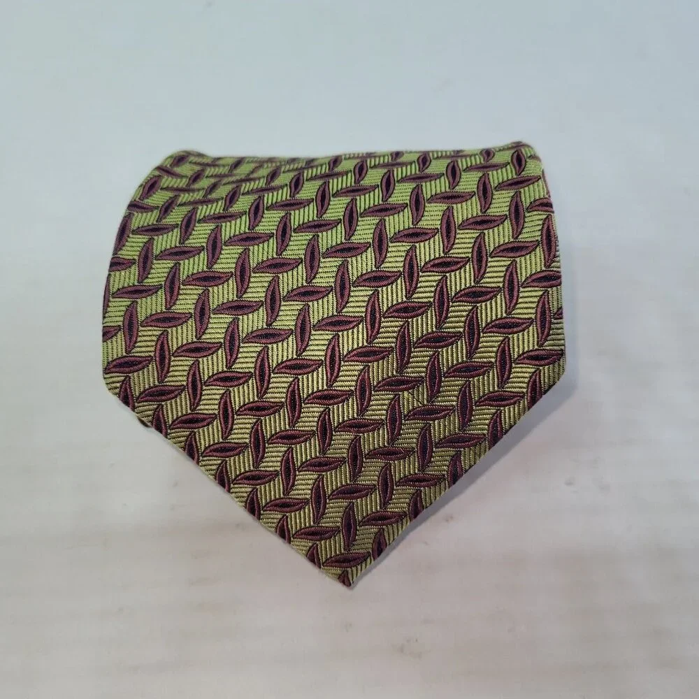 Wm King Clothiers Silk Necktie Mens One Size Olive Green Burgundy Geometric Leaf